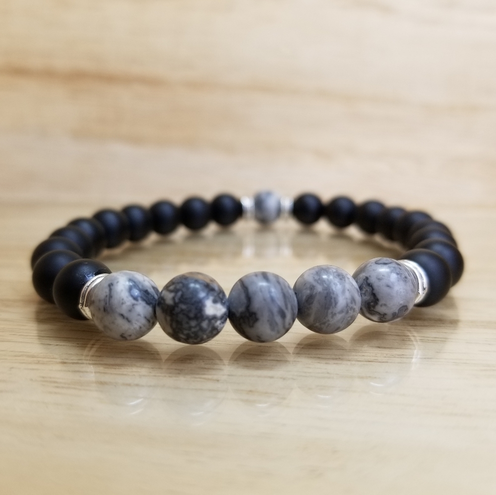 Gray Map Jasper Beaded Gemstone Bracelet